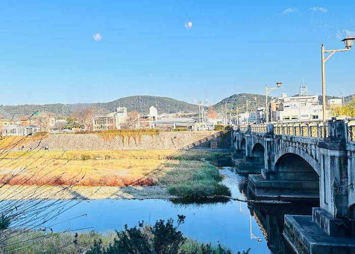 A view of Kamogawa River from Veg Out, the vegan cafe in Kyoto.